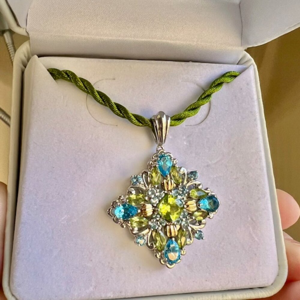 Vintage AV Alwand Vahan Sterling with 14K Blue Topaz & Peridot Necklace, NWT,